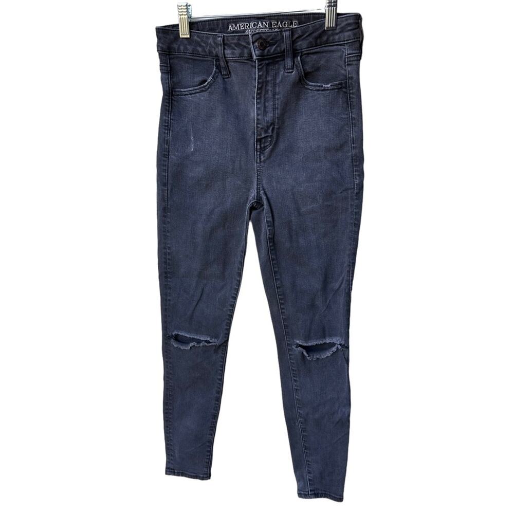 american eagle faded black high waisted skinny jeans with rips women size 4